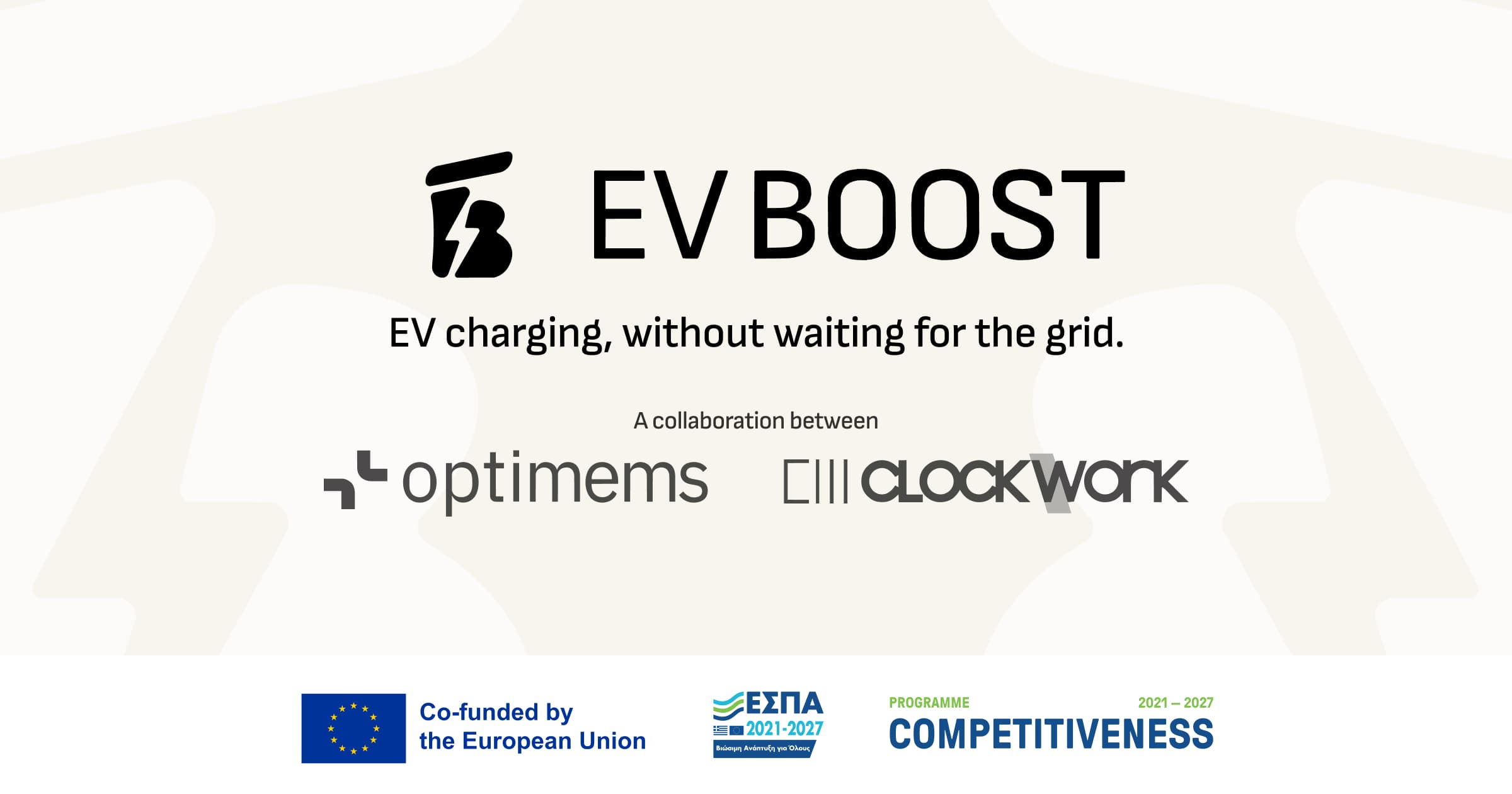EVBOOST banner: EV charging, without waiting for the grid, a collaboration between Optimems and Clockwork, co-funded by the European Union.
